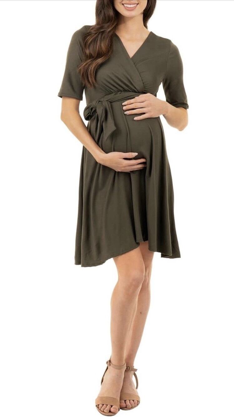 Mother Bee Maternity Knee Length Wrap Dress W/ Adjustable Belt Large
